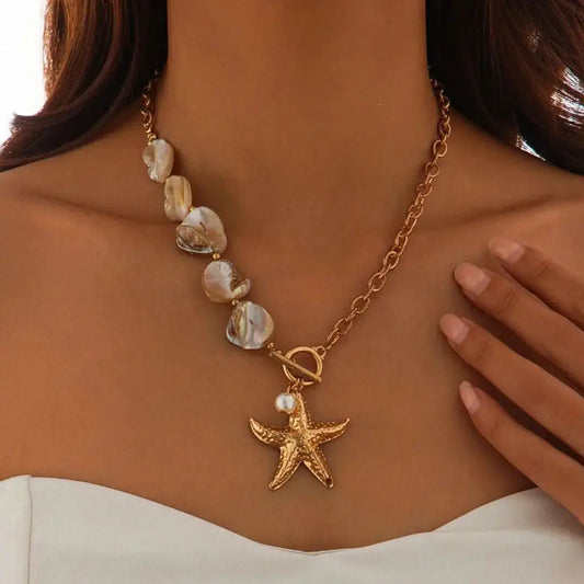 KunJoe Vintage Large Gold Color Starfish Pendant Necklace for Women Bohemia Imitation Pearl Long Necklace Jewelry on the Neck