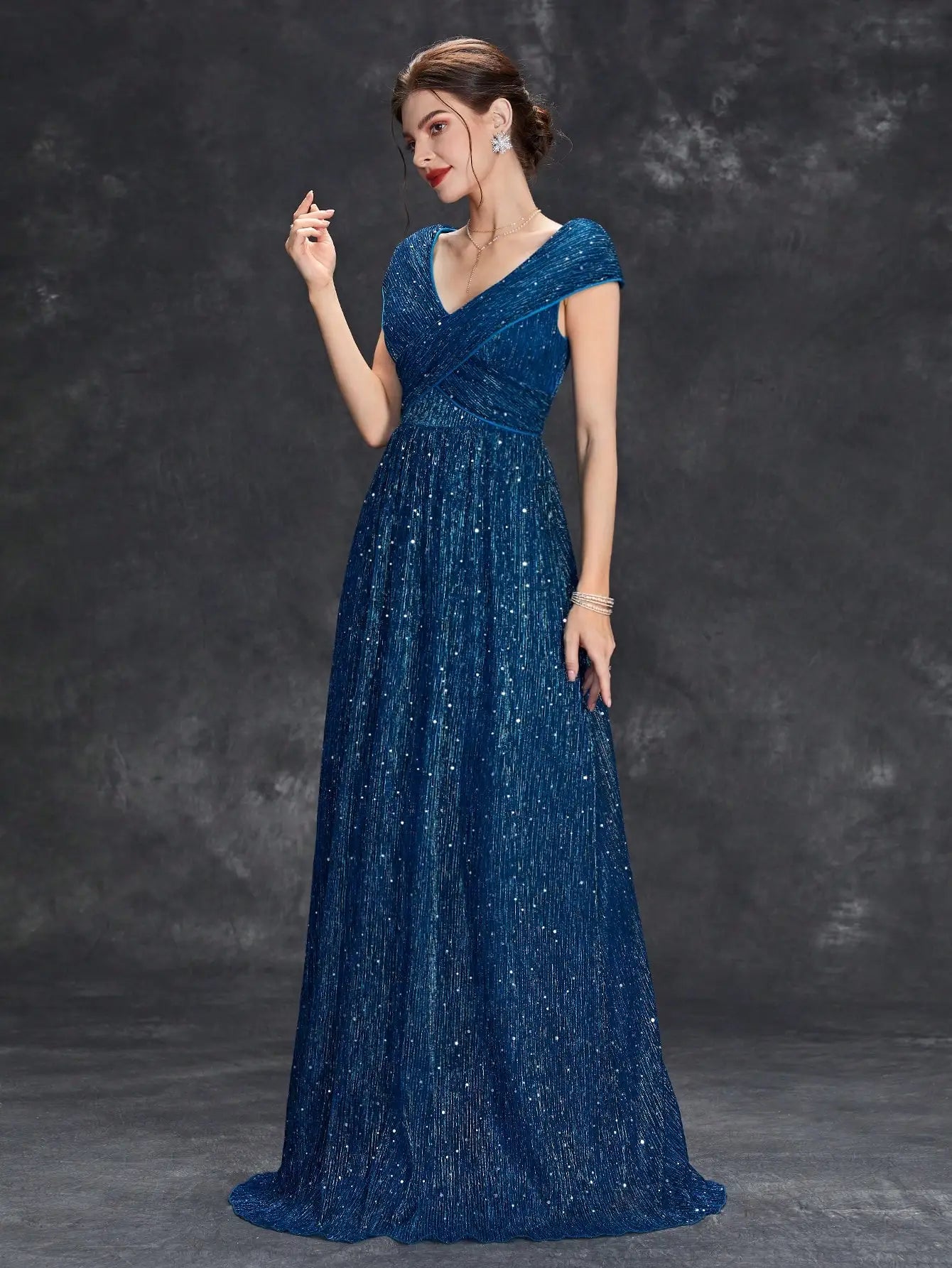 V-Neck Mesh Sleeve Ball Gown