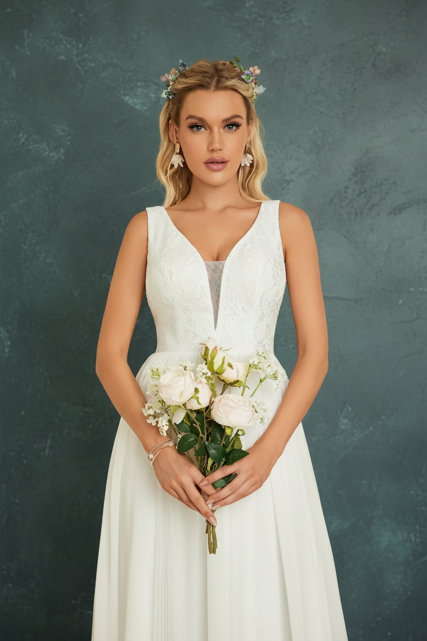 V-Neck Lace Chiffon Wedding Dress