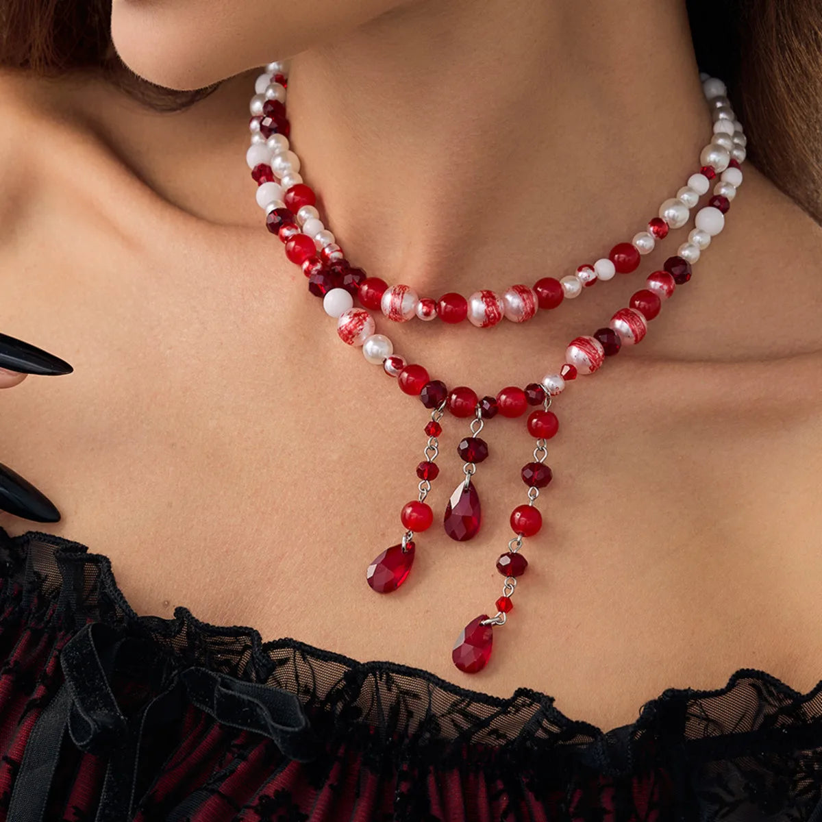 Gothic Red Crystal Tassel Necklace