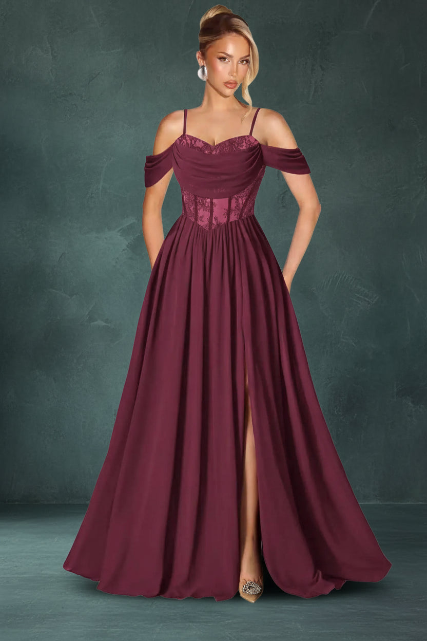 Off Shoulder Lace Applique Prom Dress