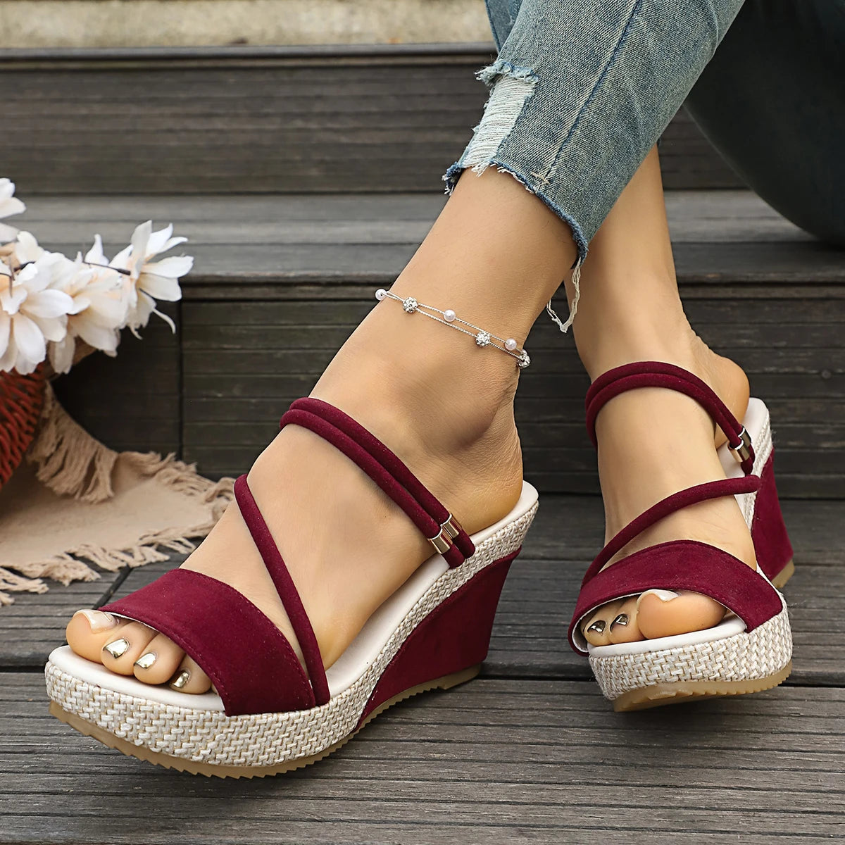 Leather Summer Wedge Female Large Size Mid-heeled Platform Black Comfortable Retro Sandals