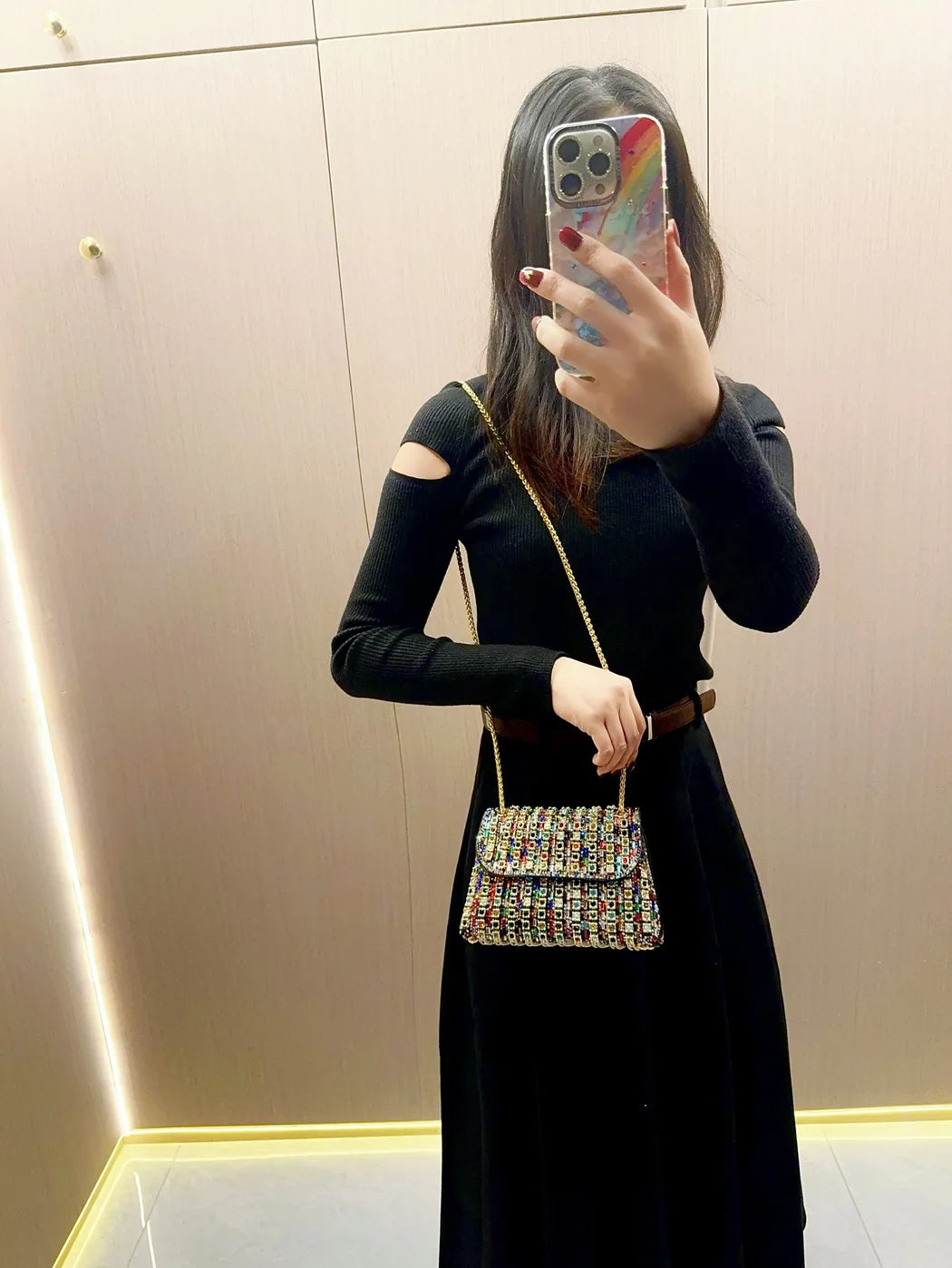 Full Rhinestone Evening Clutch Bag Luxury Leather Chain Handbag
