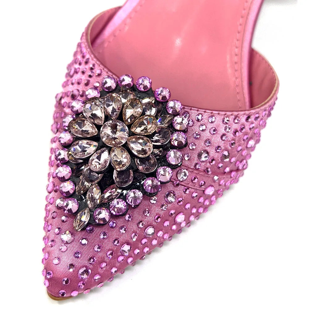 Venus Chan Blue Color Rhinestone Comfortable high heel shoe And Bag Fashion Style Pointed-Toe Shoes For Women Or Commuting Shoes
