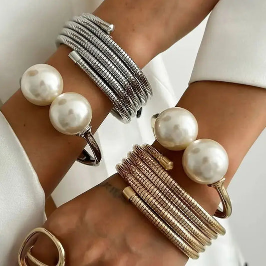 Punk Multilayer Snake Chain Open Spring Bangles Boho Large Imitation Pearl Cuff Bangles Bracelet