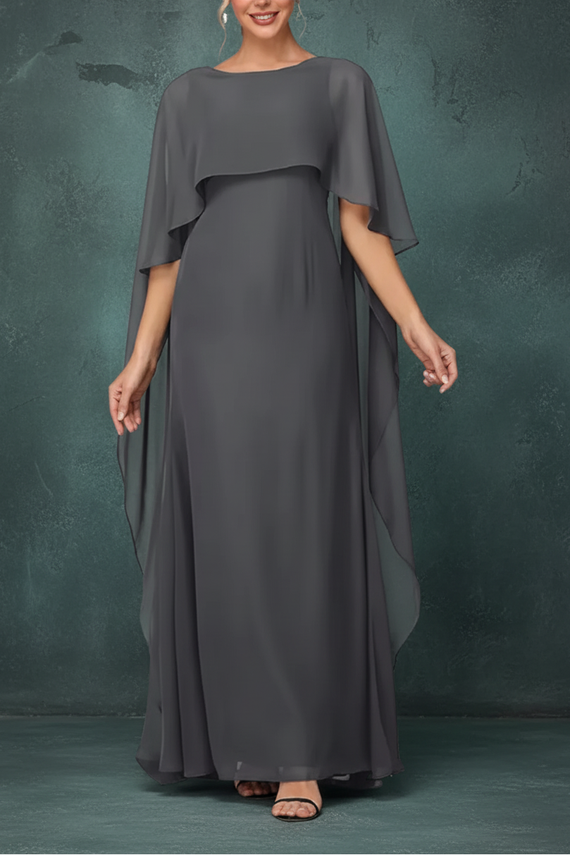 Women's Formal Dress Short Sleeves Scoop Neck Evening Dress Floor Length Chiffon Mother Of The Bride Dresses With Cap