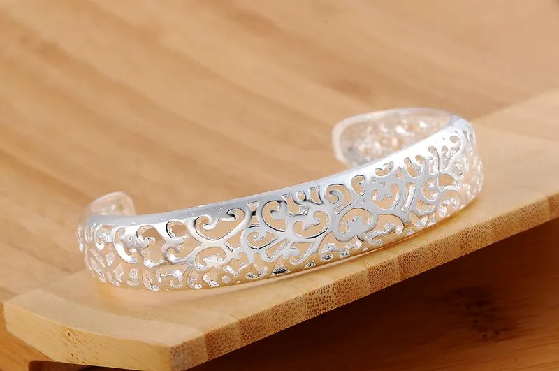 Fine 925 Sterling Silver Hollow Pattern Bangles Bracelets Adjustable