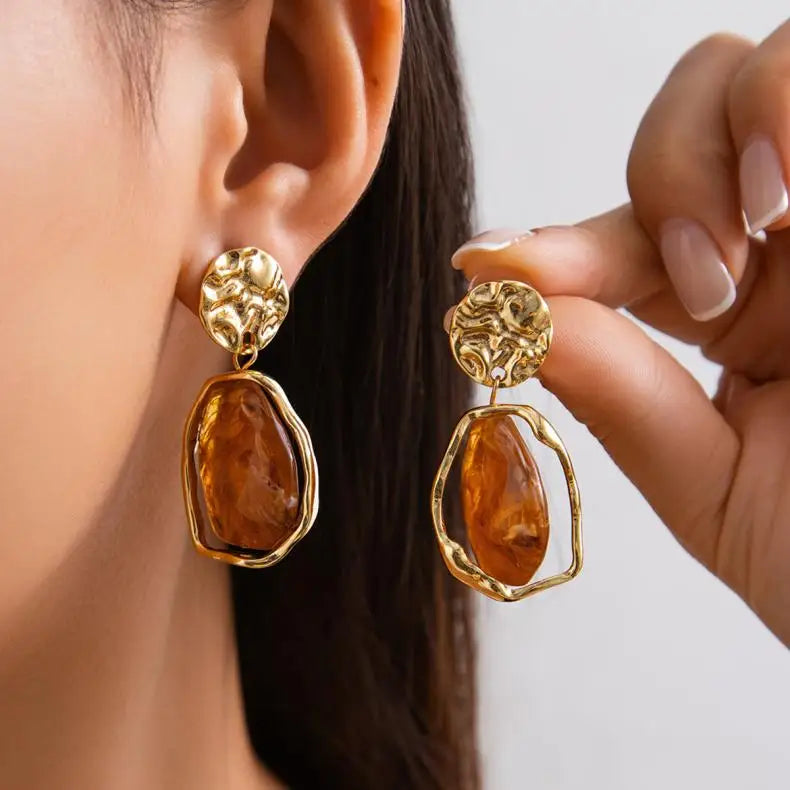 Irregular Geometric Resin Pendant Earrings for Women Ladies Temperament Vintage Metal Shell Drop Earrings Jewelry Accessories
