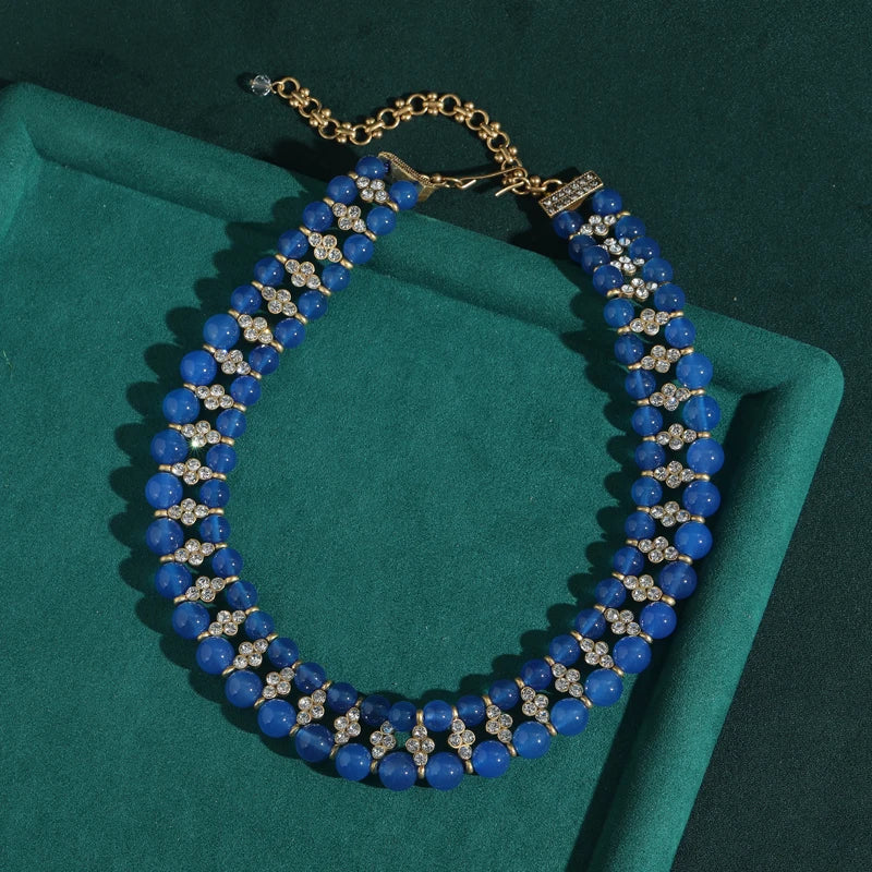 Vintage Blue Glass Double-Layer Choker Necklace