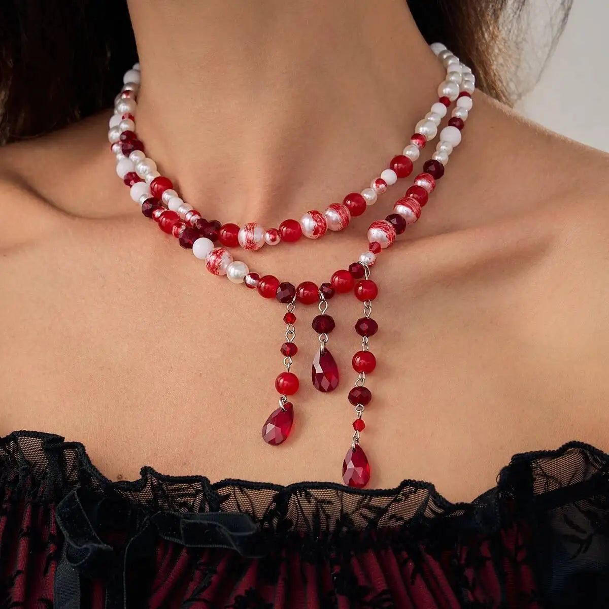 Gothic Red Crystal Tassel Necklace