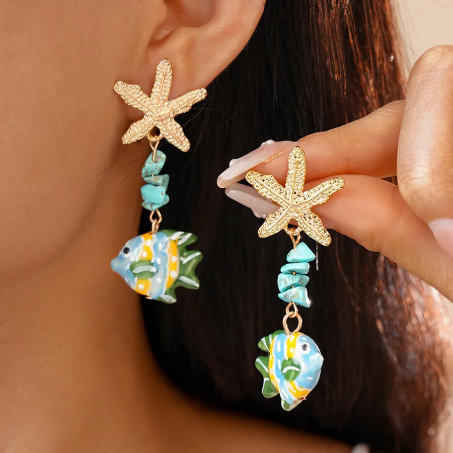 Colorful Ceramic Fish Drop Earrings Starfish Stone Beaded Earrings