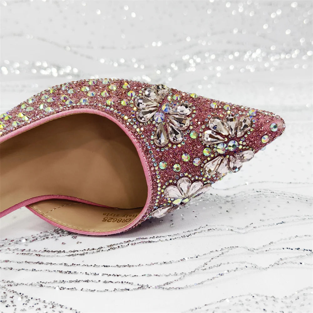 Gold Pointed Toe Rhinestone Heels & Bag Set, Sparkly