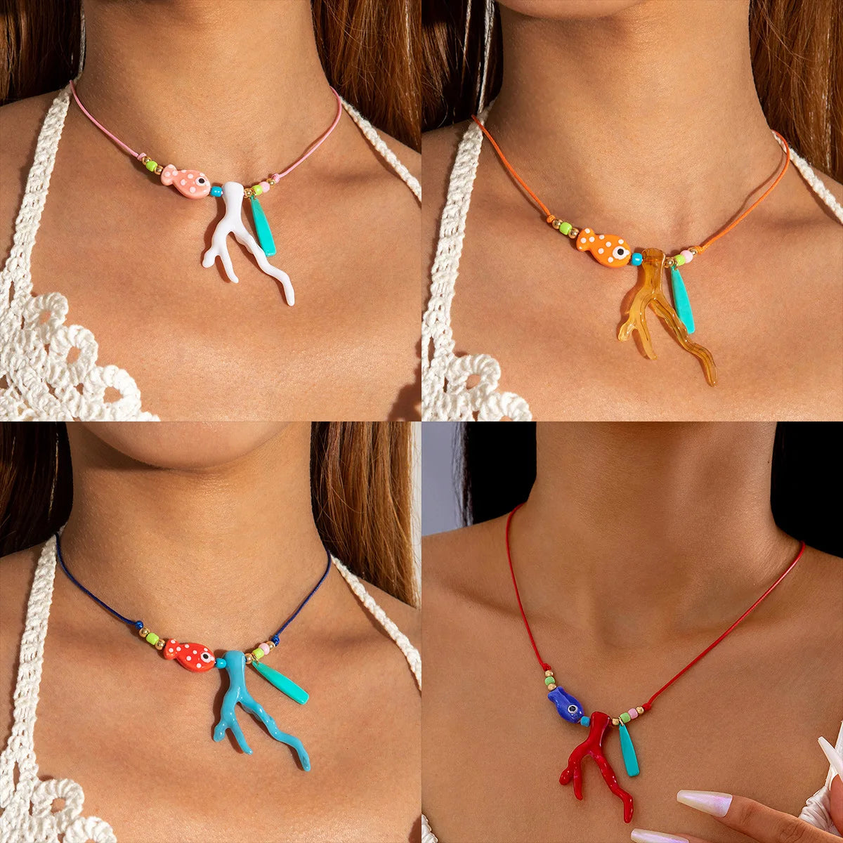New Ocean Fish Coral Pendant Necklace Boho Colorful Handmade Braided Rope Adjustable Women Vacation Party Jewelry
