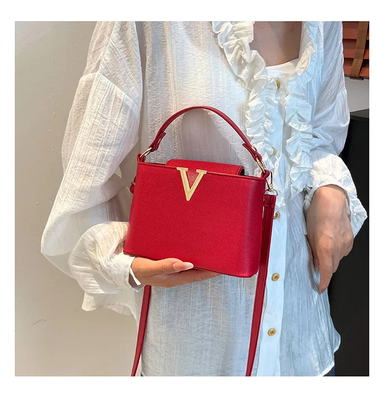 V-Shaped PU Leather Bucket Bag