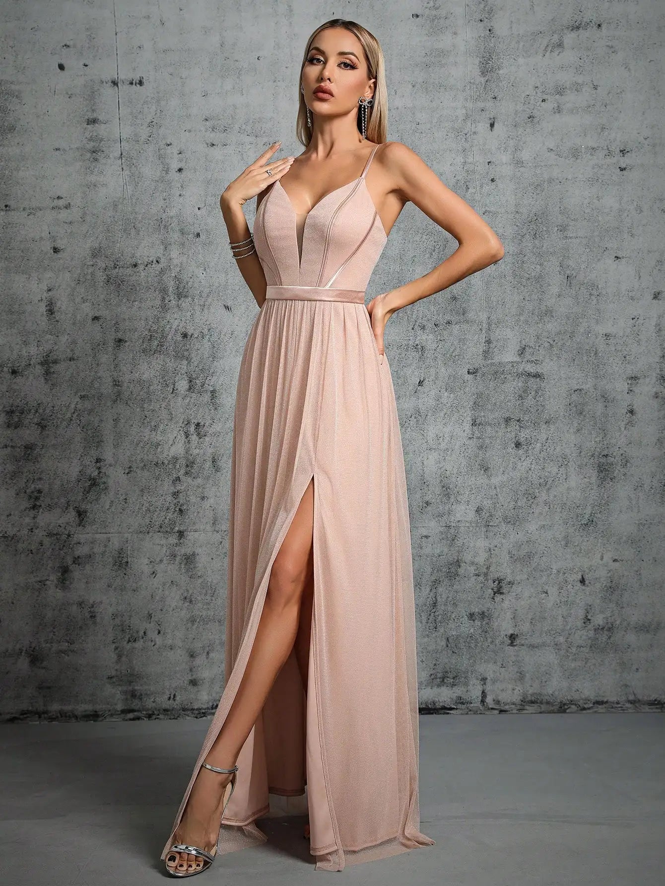 Deep V Mesh Slit Maxi Dress