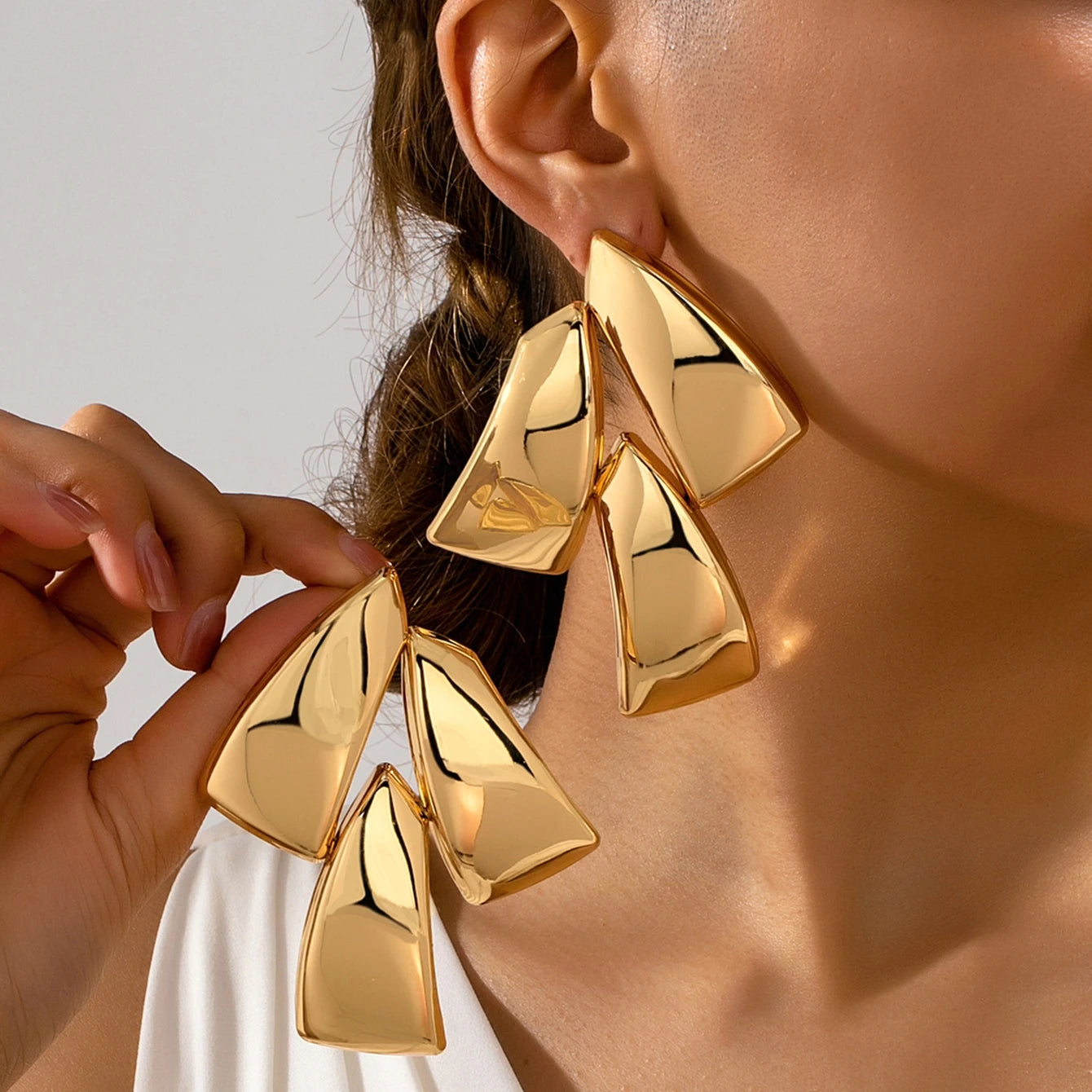 Shiny Polished Three-Layer Trapezoidal Gold Dangle Earrings for Women, Geometric Multi-Piece Splicing Earrings, Minimalist Trendy Party Statement Jewelry