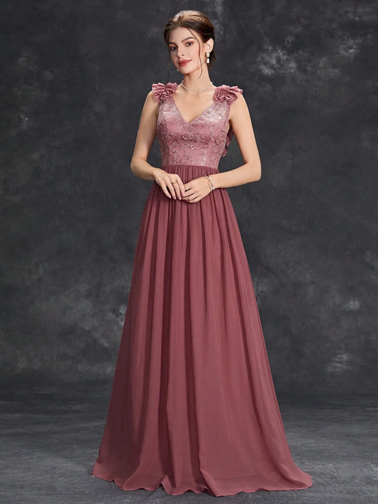 V-Neck Embroidered Chiffon Maxi Dress