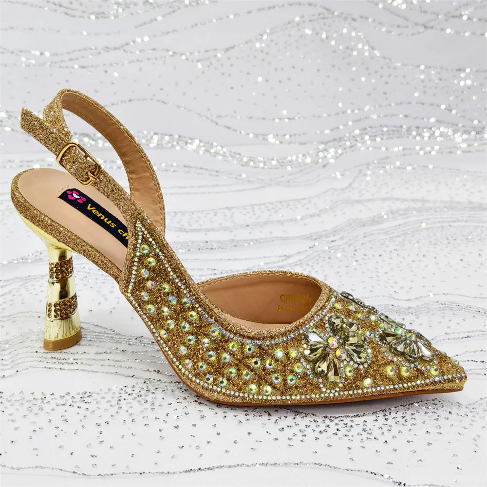Gold Pointed Toe Rhinestone Heels & Bag Set, Sparkly