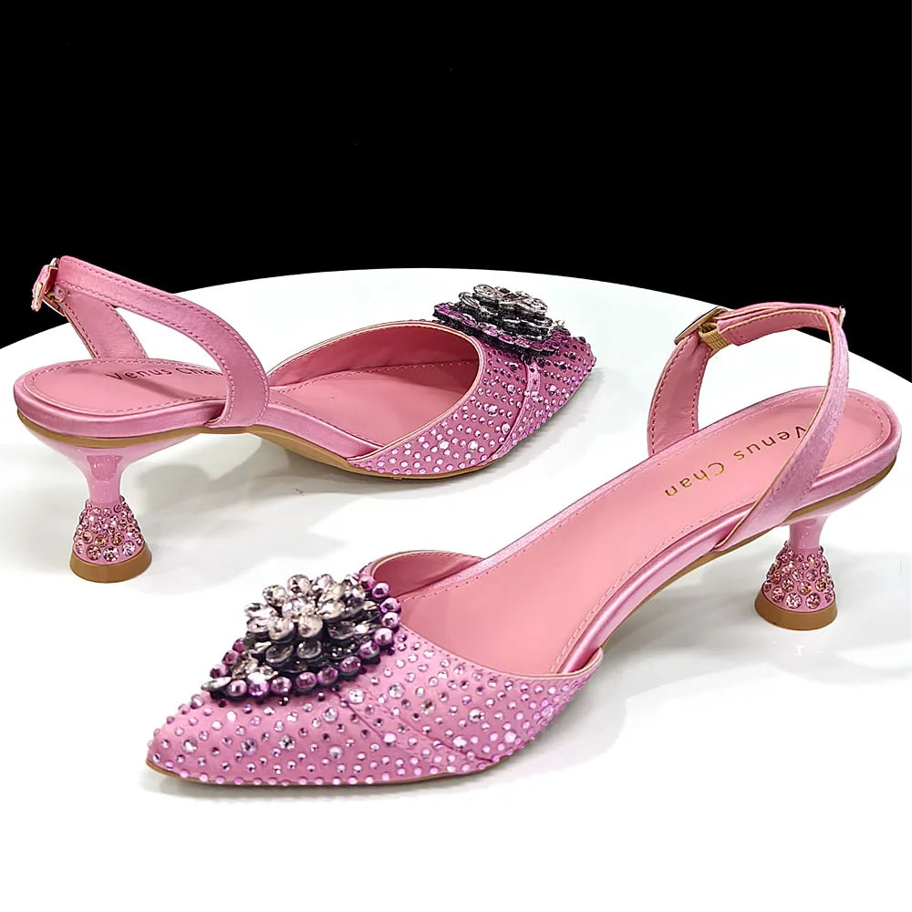 Venus Chan Blue Color Rhinestone Comfortable high heel shoe And Bag Fashion Style Pointed-Toe Shoes For Women Or Commuting Shoes
