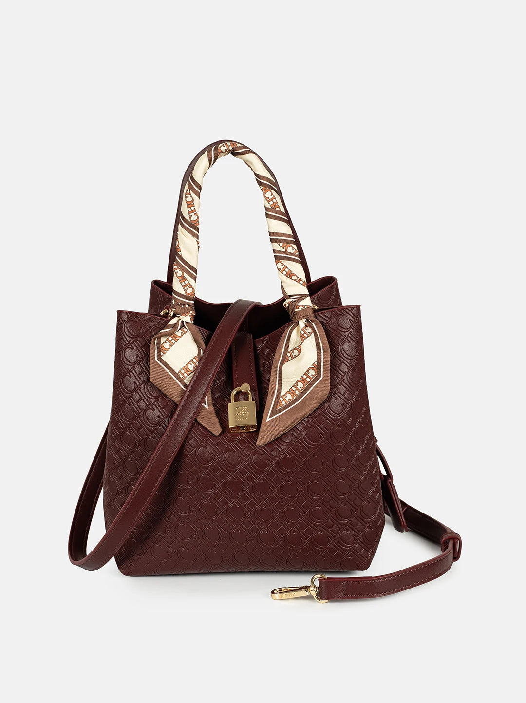 CH Womens Embossed Leather Bucket Bag with Silk Scarf Lock Decor Luxury Designer Handbag Large Capacity Crossbody Tote