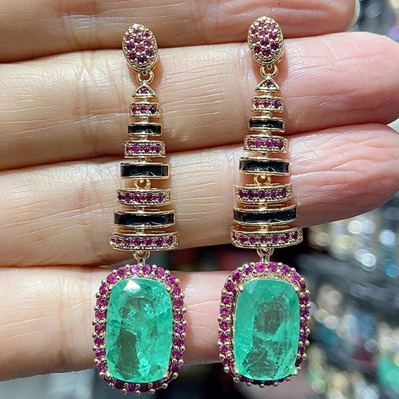 Colorful Purple Green Dangle Earrings for Women Luxury Jewelry Wedding Evening Party Big Drop Earrings Elegant Female Gift
