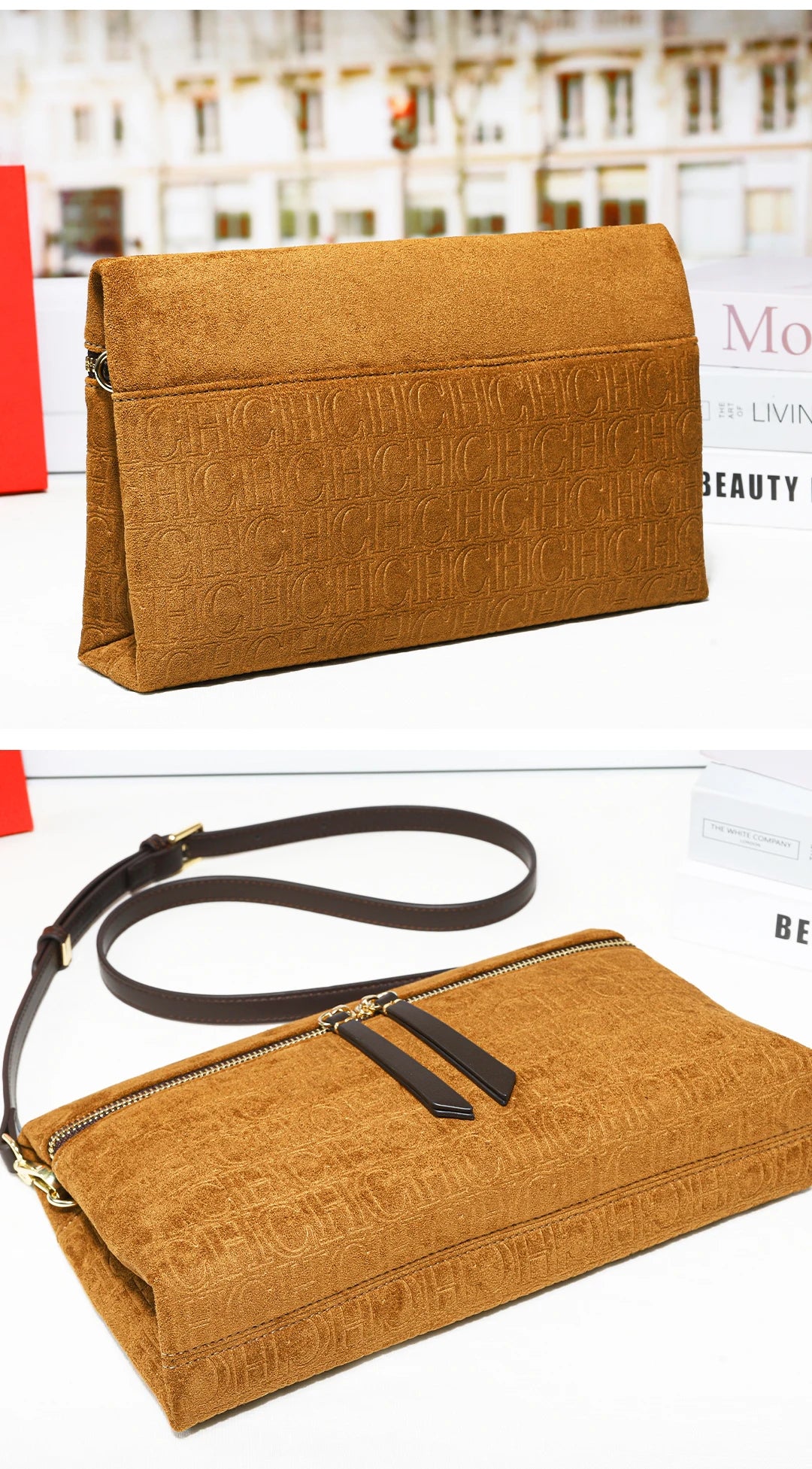 Suede Shoulder Bag Embossed Crossbody Clutch Luxury Designer Handbag