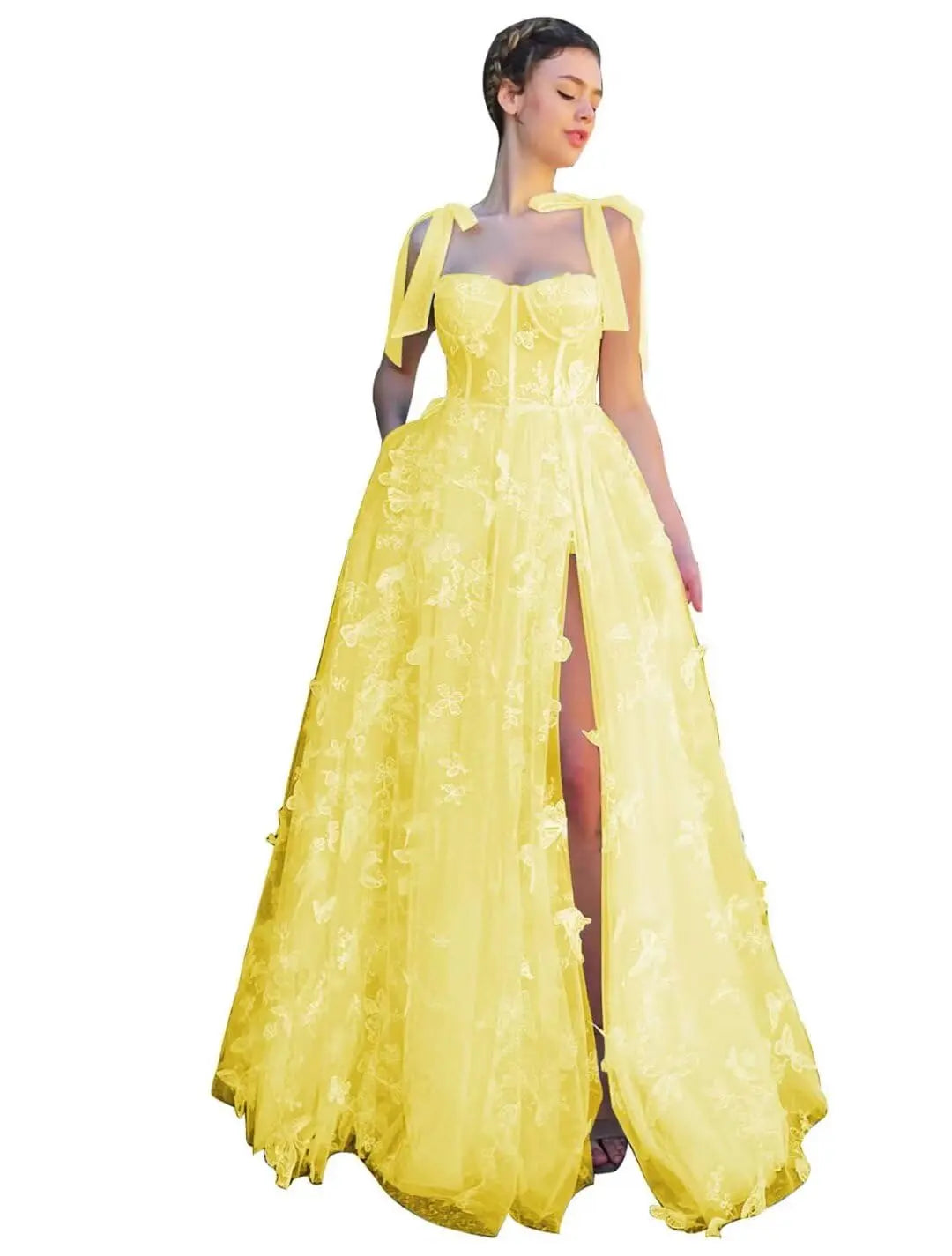 3D Butterfly Tulle Corset Prom Dresses for Teens Formal Fairy Ball Gowns Spaghetti Straps Evening Gown with Slit Party Dresses