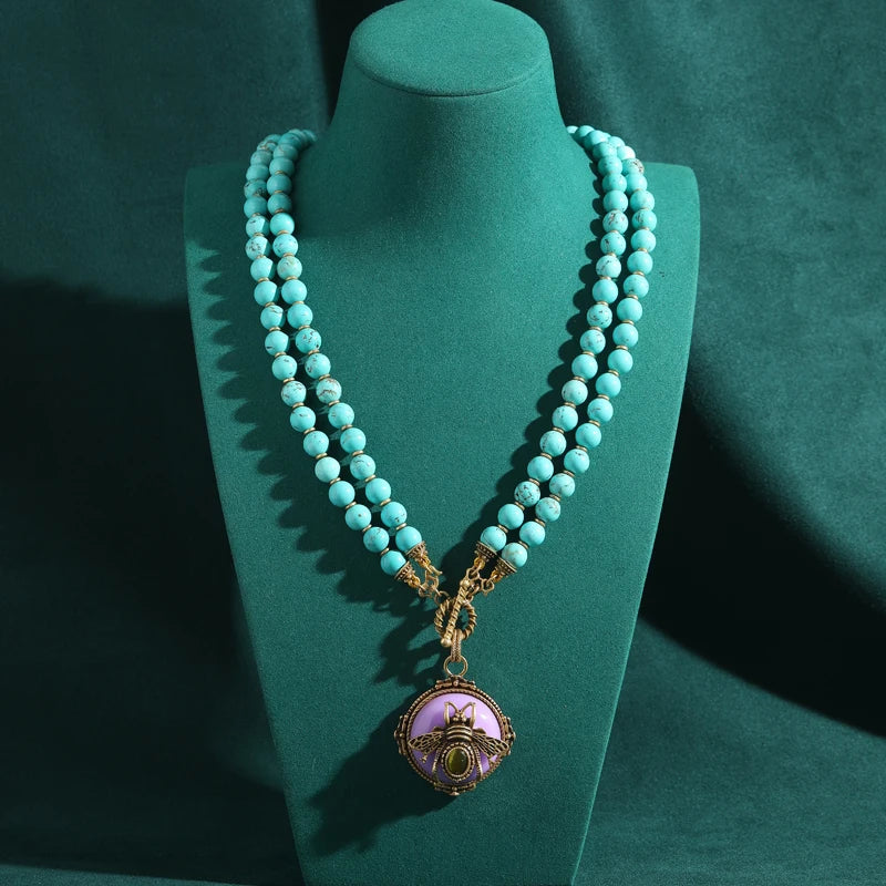 Vintage Green Natural Stone Double-layer Bead Purple Bee Pendant Necklaces for Women Antique Jewelry Party Accessories New 2025