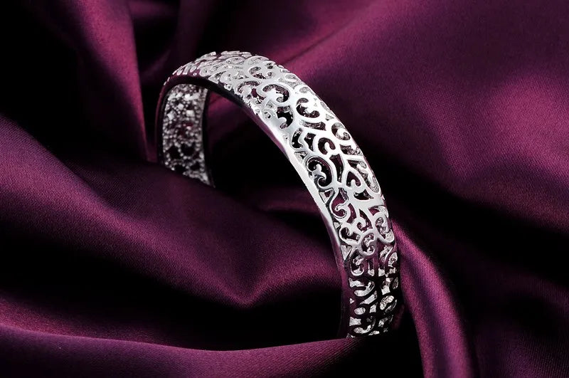 Fine 925 Sterling Silver Hollow Pattern Bangles Bracelets Adjustable