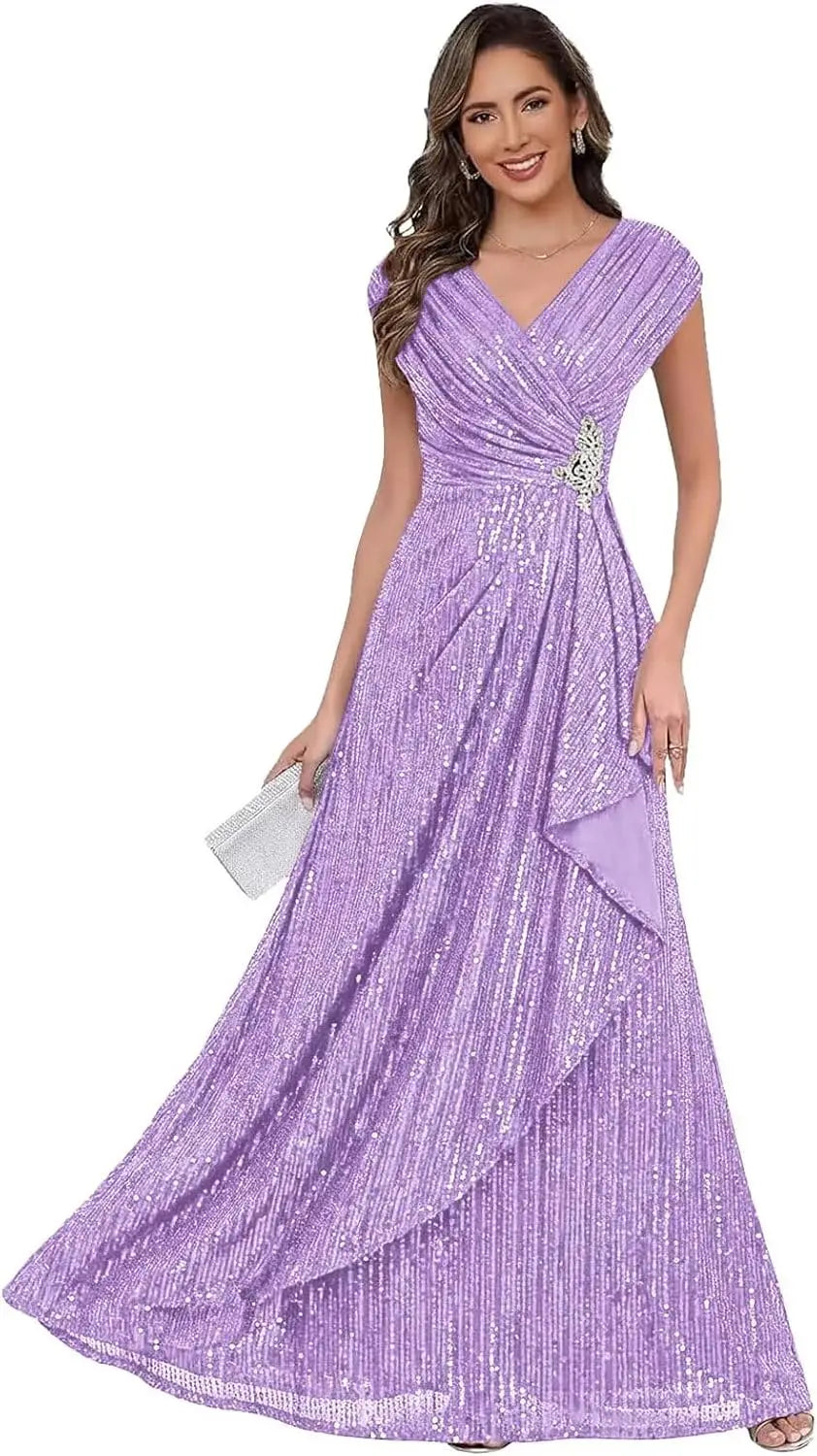 Sparkly Sequin A Line Mother of The Bride Dresses for Women Ruffles Long Formal Dress V Neck Evening Party Gown Dress
