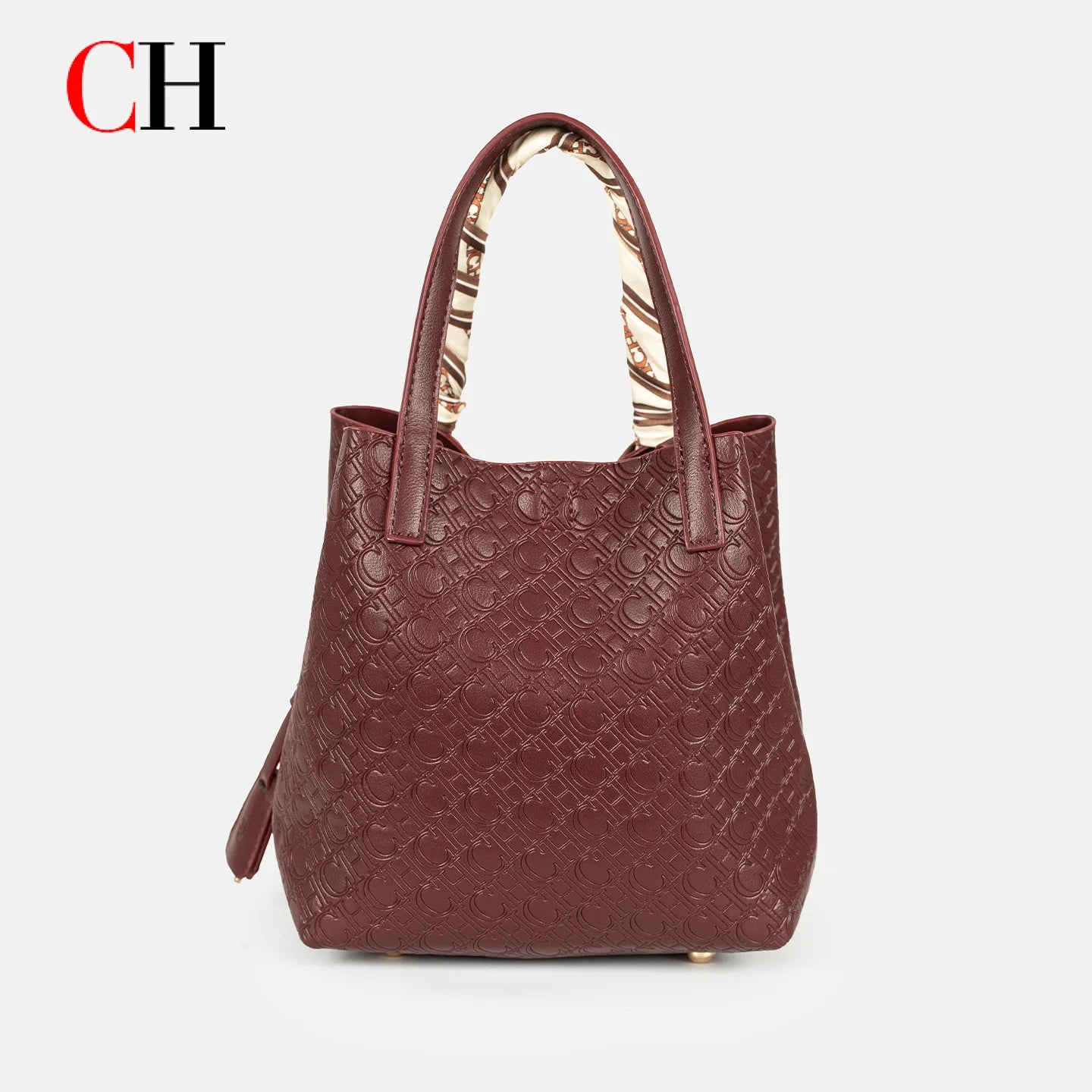 CH Womens Embossed Leather Bucket Bag with Silk Scarf Lock Decor Luxury Designer Handbag Large Capacity Crossbody Tote