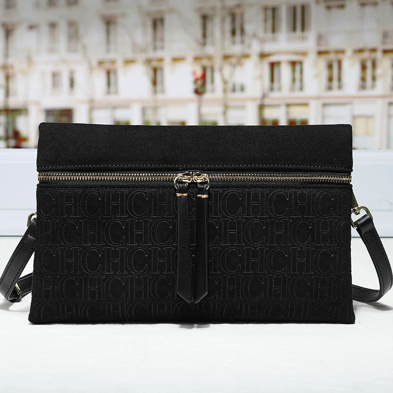 Suede Shoulder Bag Embossed Crossbody Clutch Luxury Designer Handbag