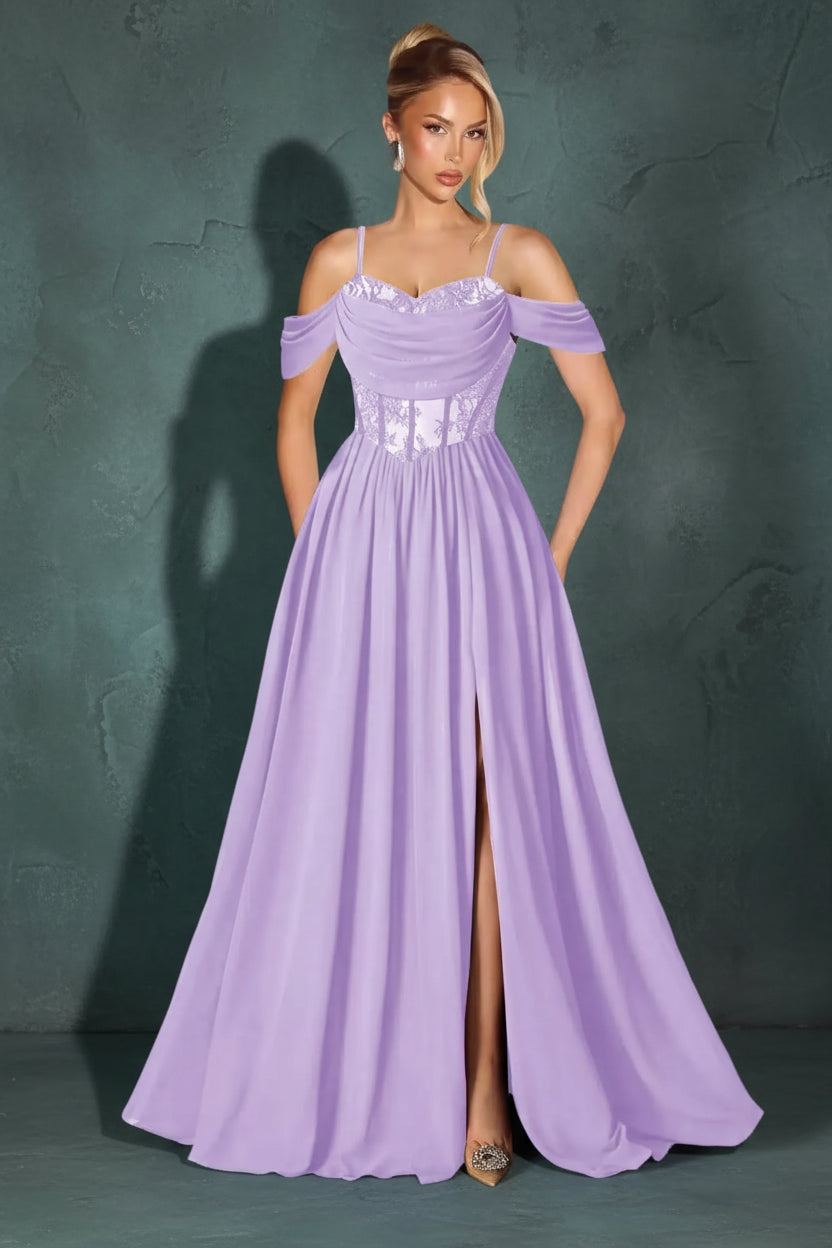 Off Shoulder Lace Applique Prom Dress