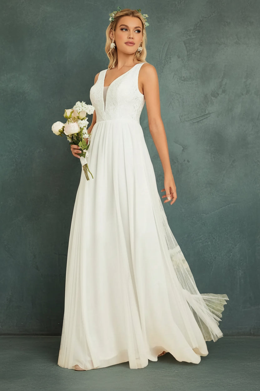 V-Neck Lace Chiffon Wedding Dress