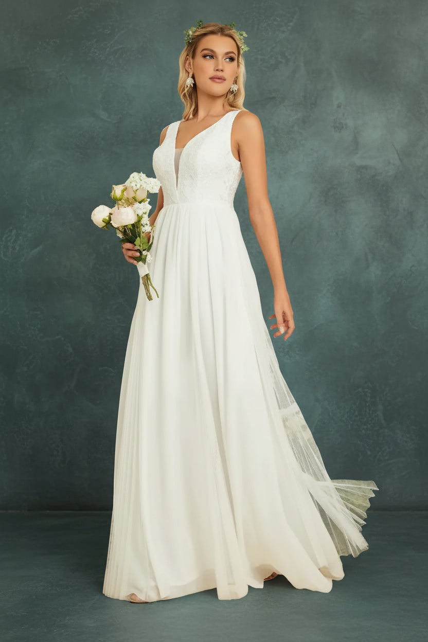 V-Neck Lace Chiffon Wedding Dress