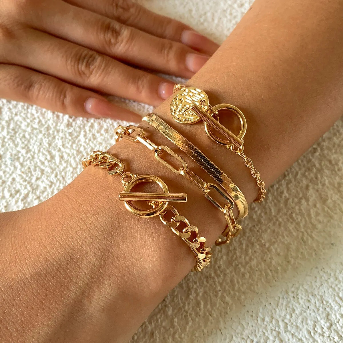 Punk Cuban Link Chain Coin Pendant Bracelet on Hand