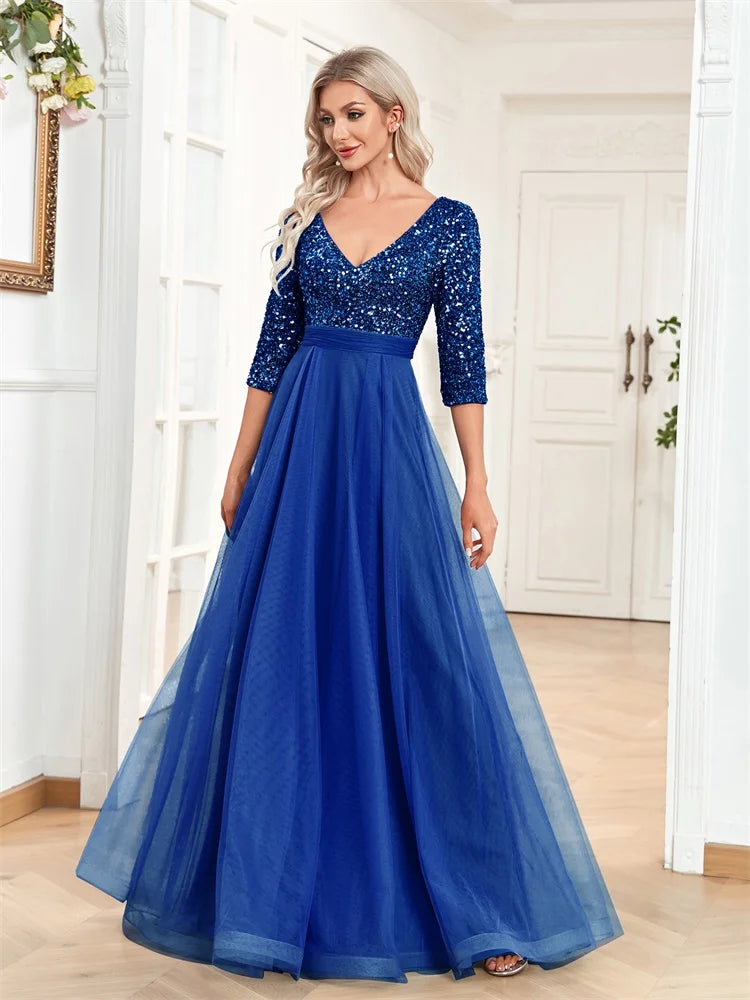 V-Neck Tulle Floor Length Evening Dress