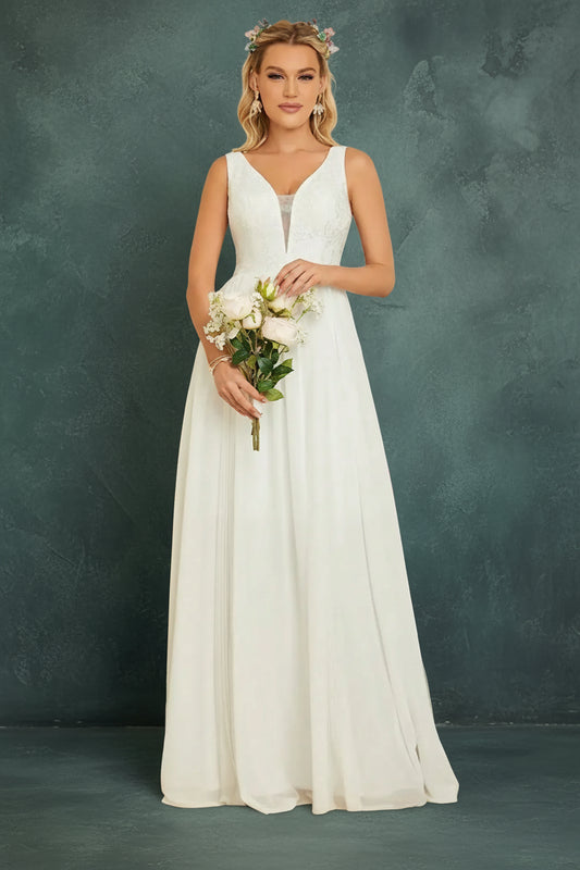 V-Neck Lace Chiffon Wedding Dress