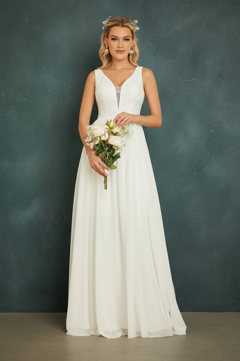 V-Neck Lace Chiffon Wedding Dress
