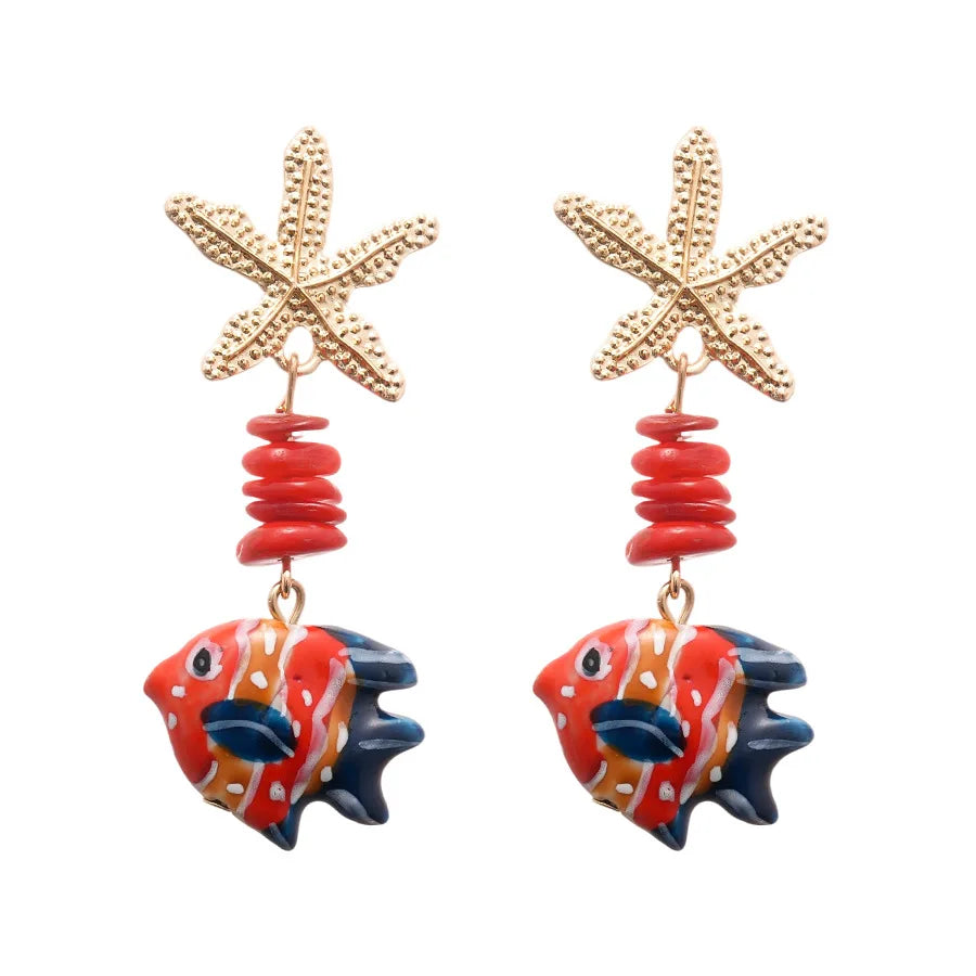 Colorful Ceramic Fish Drop Earrings Starfish Stone Beaded Earrings