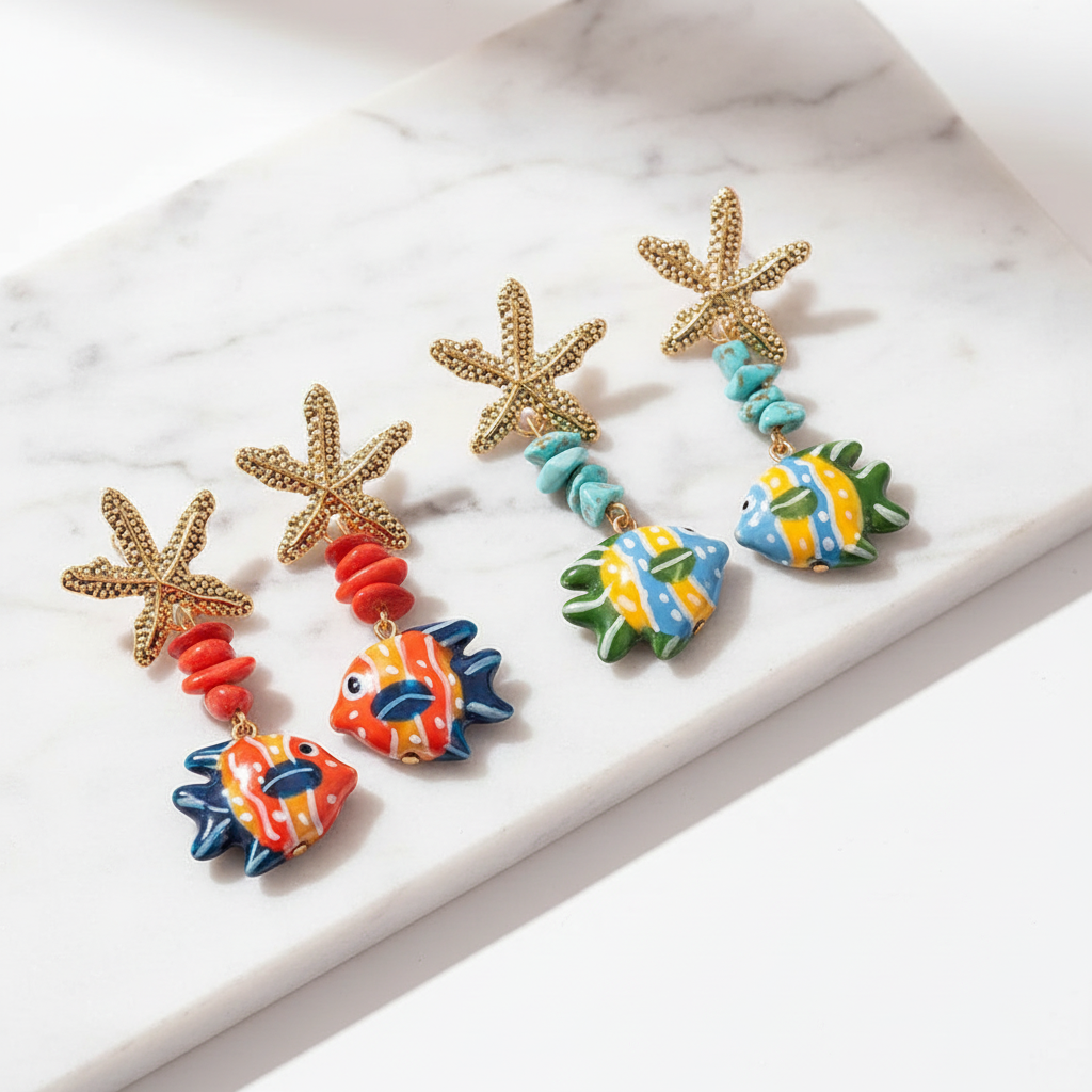 Colorful Ceramic Fish Drop Earrings Starfish Stone Beaded Earrings