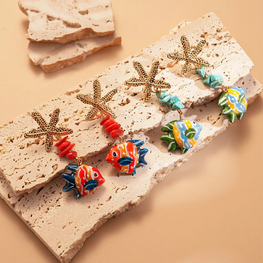 Colorful Ceramic Fish Drop Earrings Starfish Stone Beaded Earrings