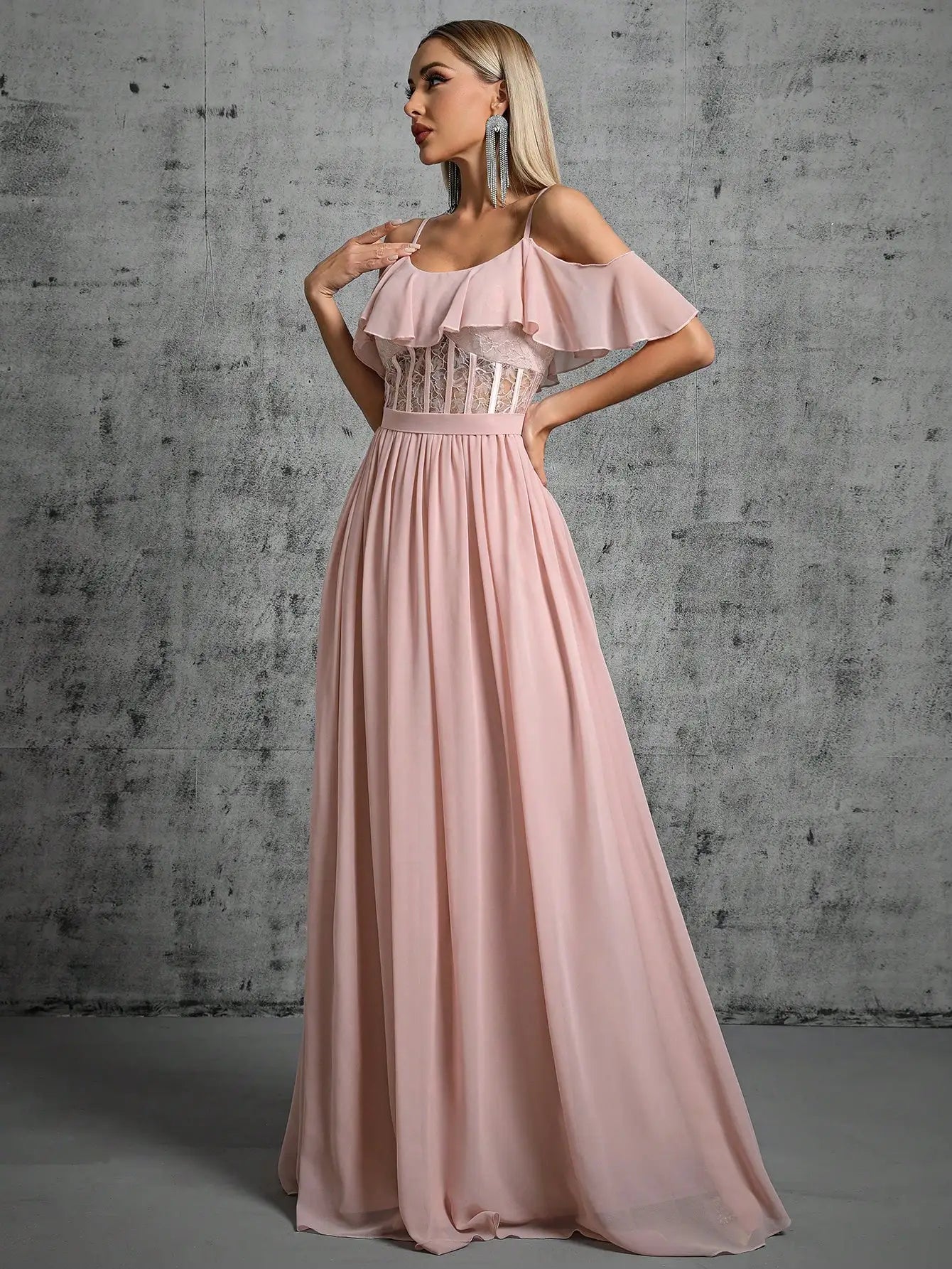 Lace Mesh Ruffle Sleeve Maxi Dress