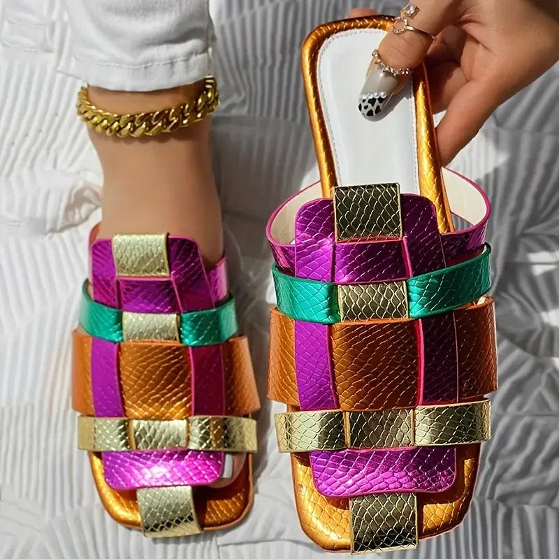 Summer Colorful Sexy Casual Soft Luxurious Square Toe Hollow Roman Flat Shoes