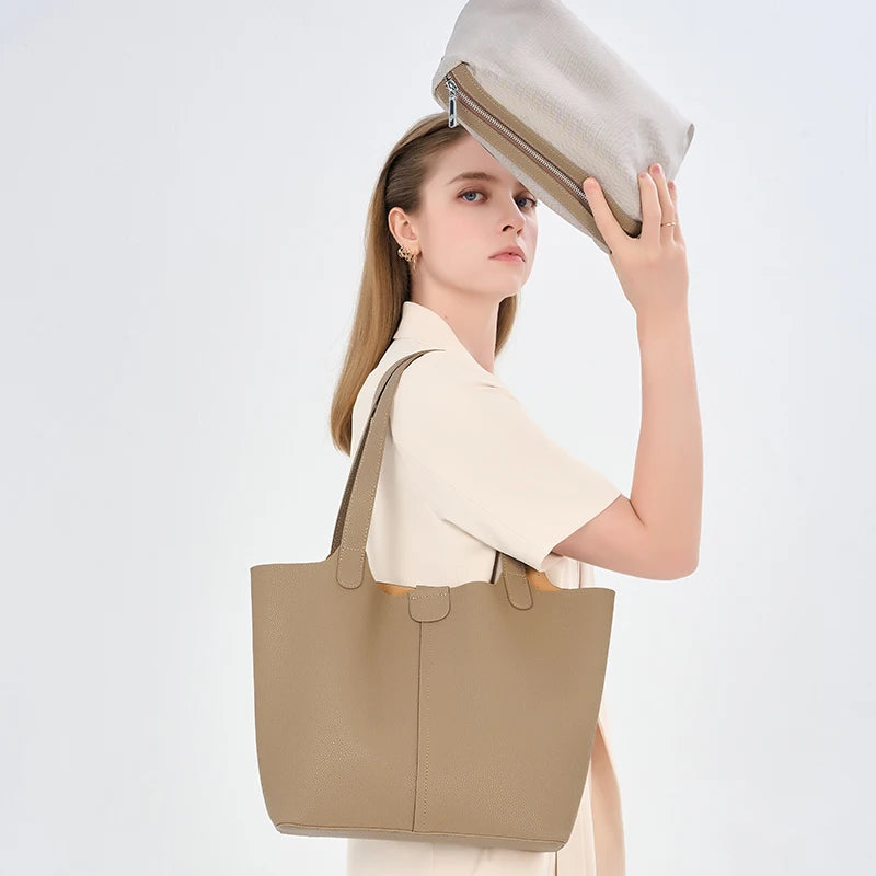 Genuine Cowhide Tote Bag with Pouch