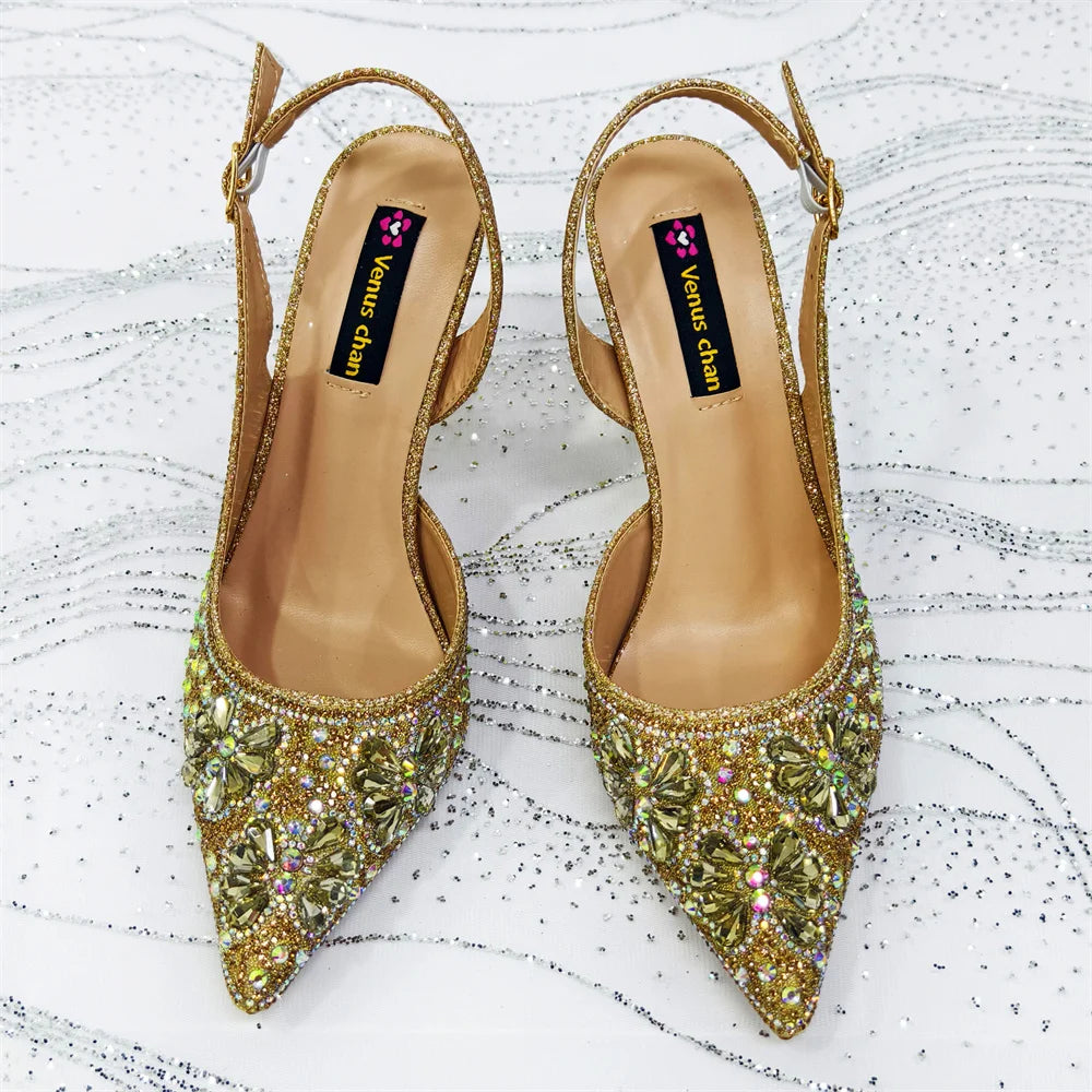 Gold Pointed Toe Rhinestone Heels & Bag Set, Sparkly