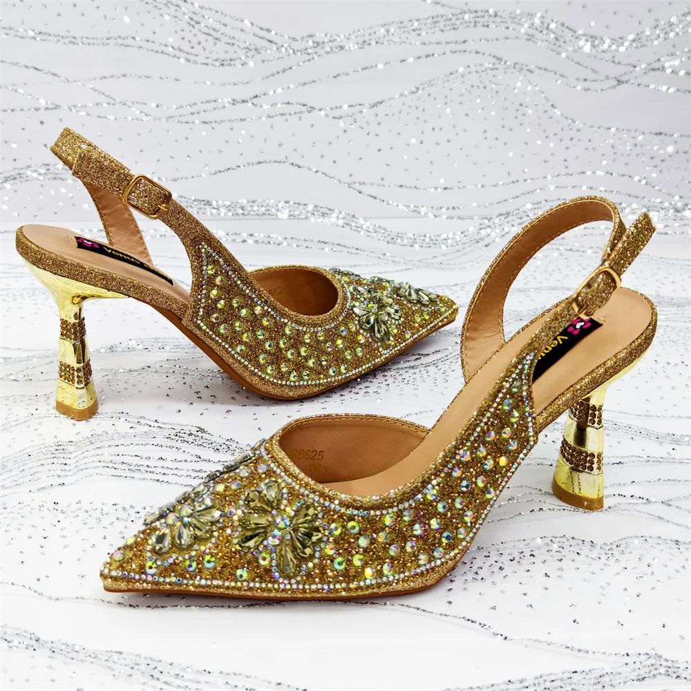 Gold Pointed Toe Rhinestone Heels & Bag Set, Sparkly