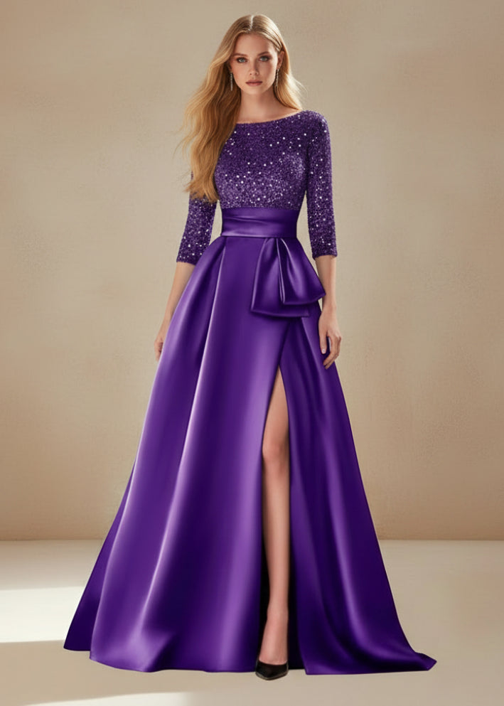 Long Sleeves Mother Of The Bride Dresses For Wedding Sparkly Sequin Ball Gowns Side Slit Satin Formal Party Prom Gown