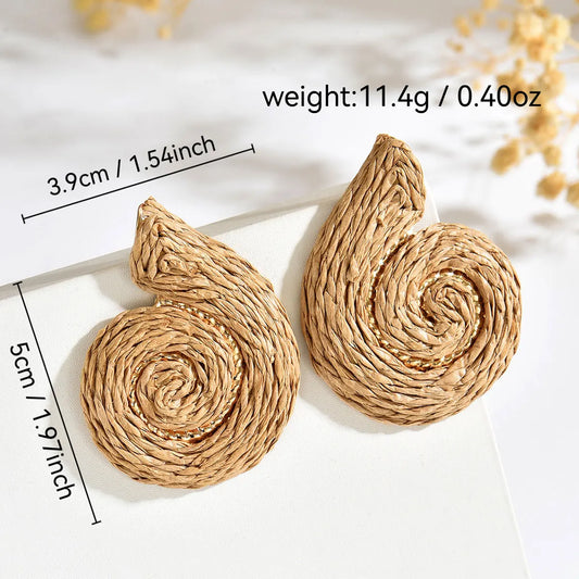 Handmade Woven Straw Snail Earrings Multicolor Spiral Conch Raffia