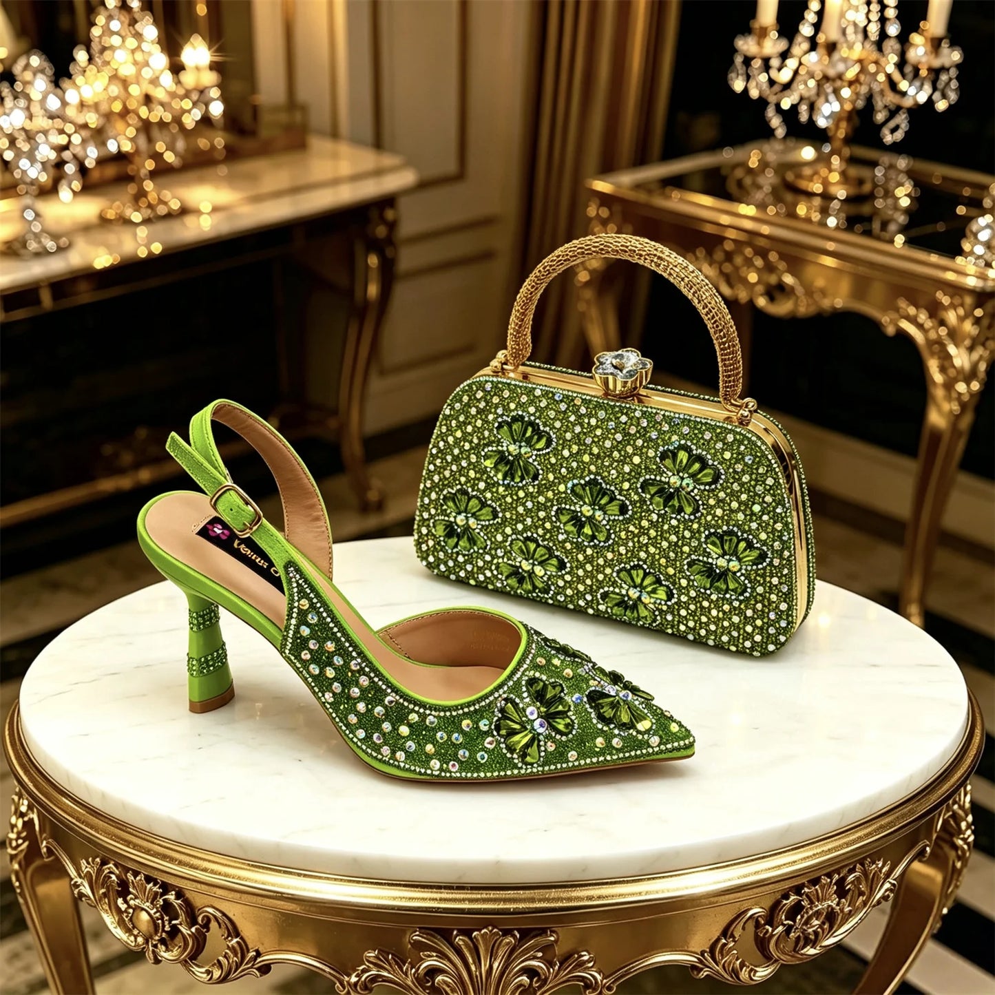 Gold Pointed Toe Rhinestone Heels & Bag Set, Sparkly